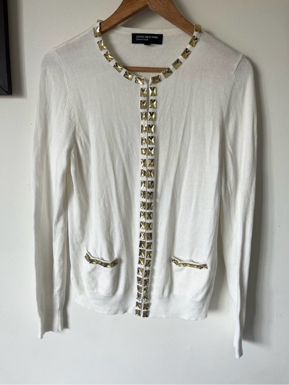 Jones New York White Stud-Trim Cardigan- Medium PTP 21 inch